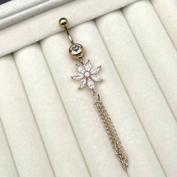 316L Stainless Steel with White Diamond Cubic Zirconia Flower 14G Belly Ring - Picture 7 of 10